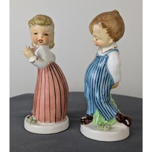 50s Napco Figurine Pair Girl Boy Farmer Kids Hand Painted Pastel VTG Farmhouse